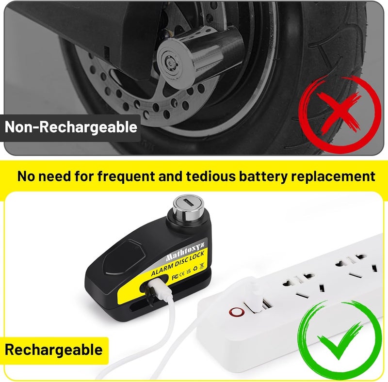 Mathtoxyz Motorcycle Lock Rechargeable, 120dB Alarm Disc Brake Locks Anti-Theft Security Wheel Disc Lock Waterproof with 5ft Reminder Cable and Carry Pouch for Motorbike Bike Scooter - Image 3
